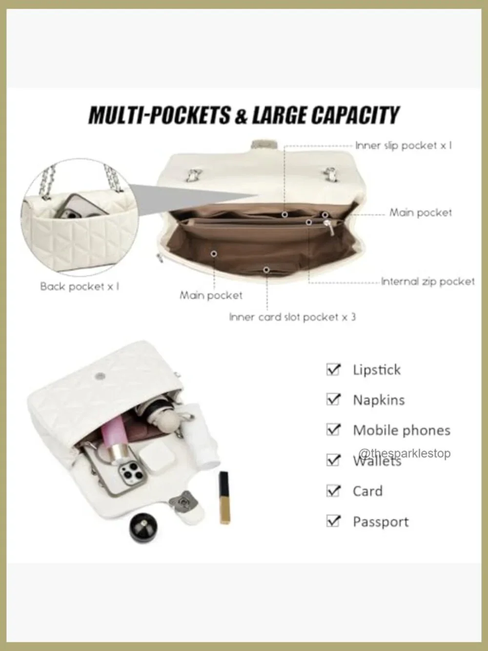 Quilted Crossbody Bag with Adjustable Chain Strap - Vegan Leather Satchel